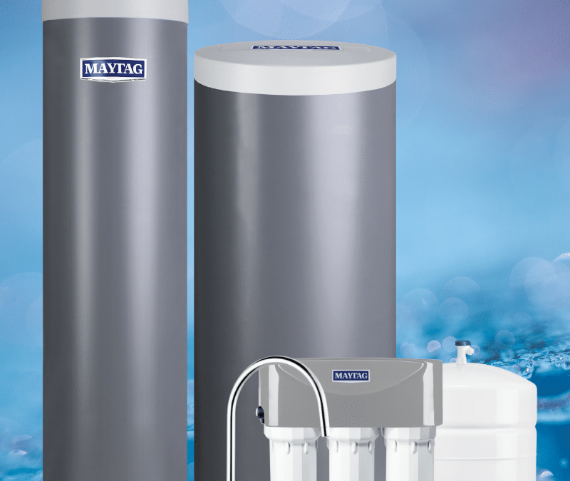 Clean Water Co. system with softener, brine tank, 3-stage under-sink filter, faucet, and storage tank on a blue water backdrop.