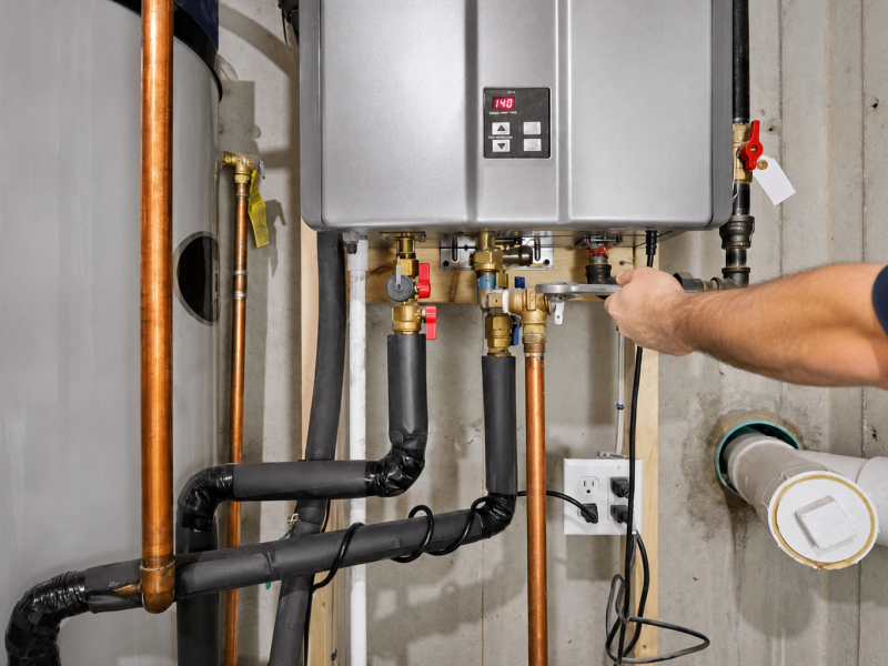 A technician adjusts a valve on a tankless water heater with copper pipes and digital display in a Colorado Springs utility room.