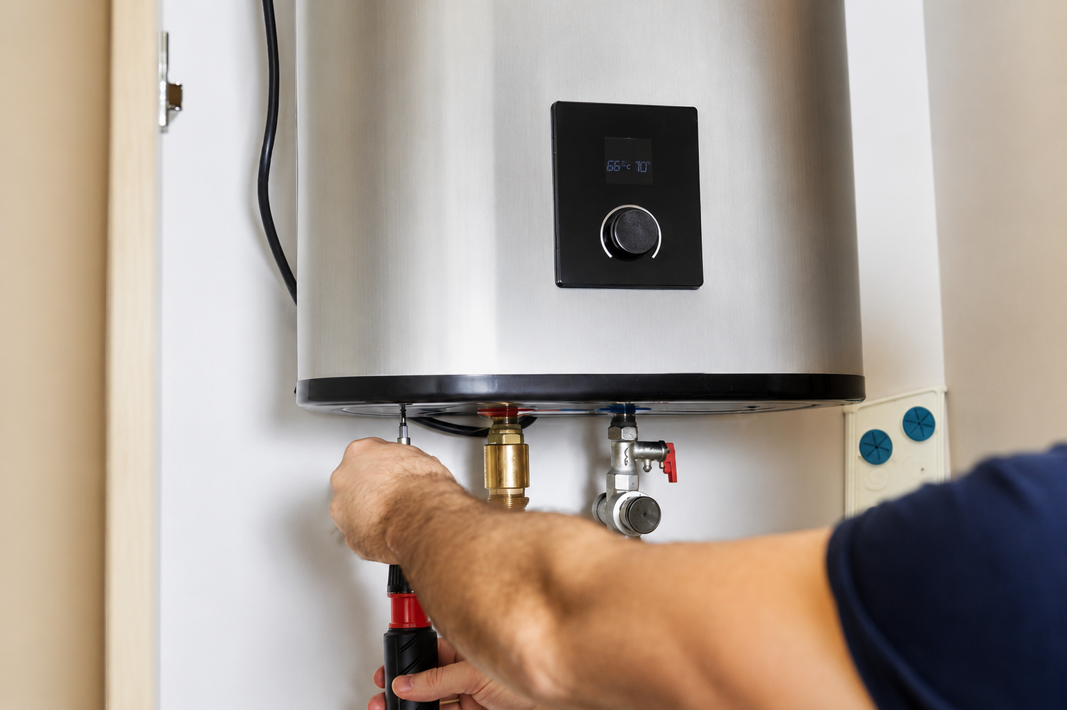 Technician adjusting connections on a tankless water heater for safe, reliable operation in a Colorado Springs home.
