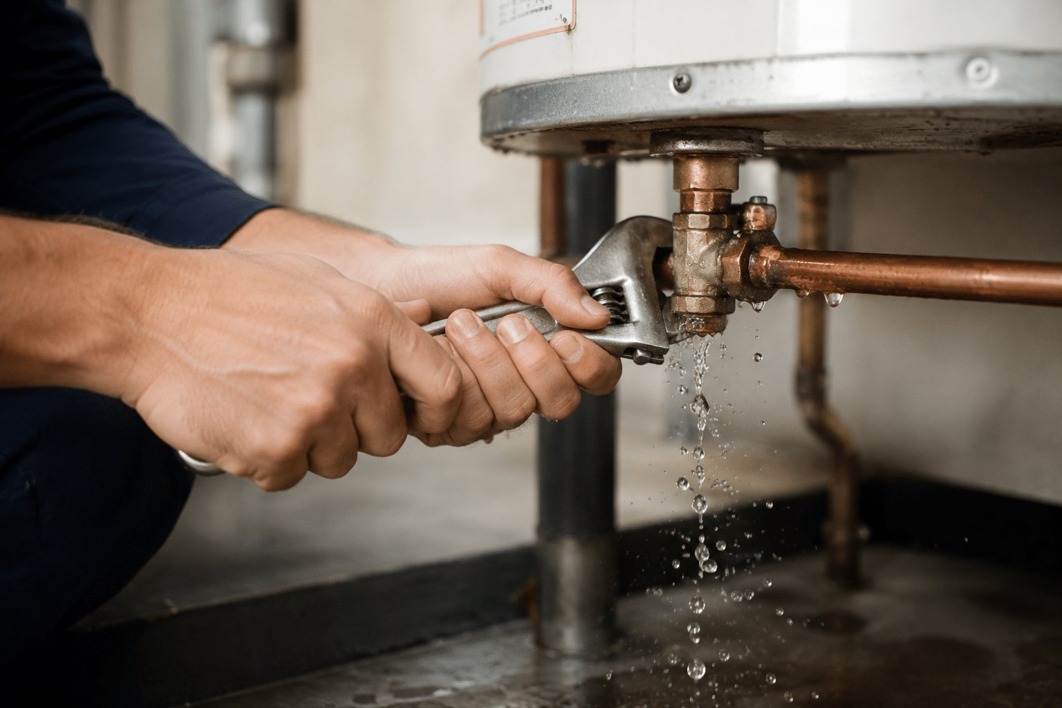 A person tightens a leaking water heater valve in Colorado Springs, signaling the need for immediate professional repair.